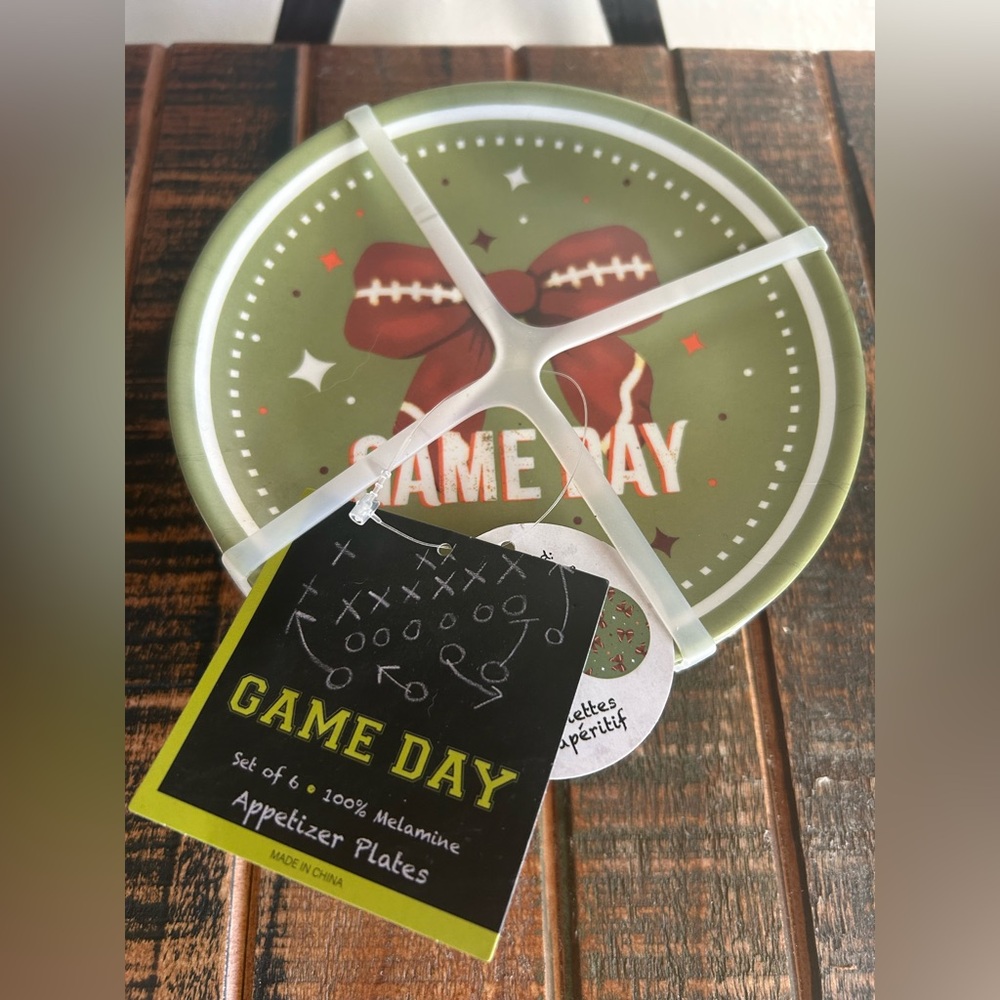 GAME DAY Football Bows Melamine Appetizer Plates Set Of 6 Coquette Green NEW